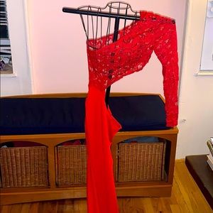 Red lace cutout maxi dress